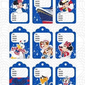 May include: Nine blue gift tags featuring Disney characters in nautical attire. Each tag has a white space for writing and the words "TO: SUITE: FROM: SUITE:" printed on it. The tags feature Minnie Mouse, Mickey Mouse, Donald Duck, Chip and Dale, and Pluto.