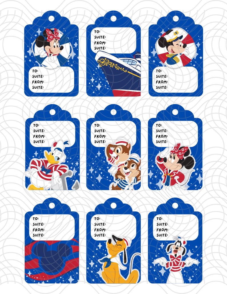 May include: Nine blue gift tags featuring Disney characters in nautical attire. Each tag has a white space for writing and the words "TO: SUITE: FROM: SUITE:" printed on it. The tags feature Minnie Mouse, Mickey Mouse, Donald Duck, Chip and Dale, and Pluto.