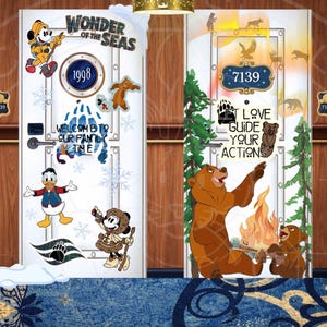 May include: Two cruise ship cabin doors decorated with Disney character decals. One door features Mickey Mouse, Donald Duck, and Minnie Mouse. The other door has bear decals and the text "LOVE GUIDE YOUR ACTIONS". Both doors display room numbers.