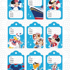 May include: Nine blue luggage tags with Disney characters, including Mickey Mouse, Minnie Mouse, Donald Duck, Chip and Dale, Pluto, and Goofy. Each tag has a white space for writing "TO", "SUITE", "FROM", and "SUITE".
