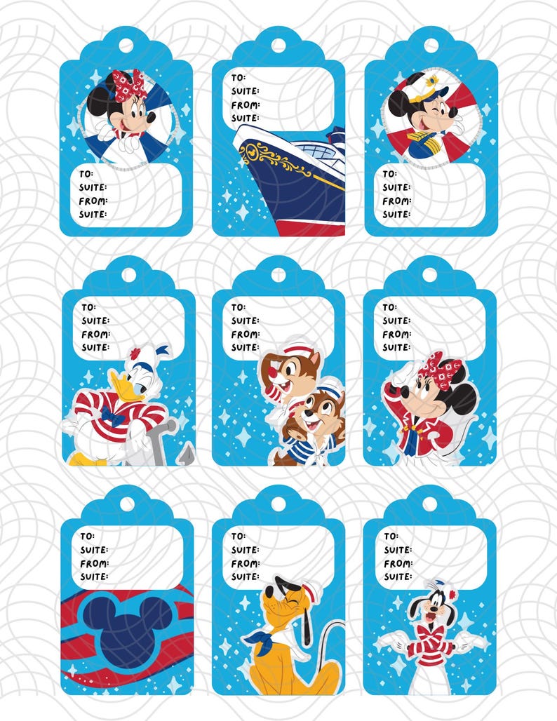 May include: Nine blue luggage tags with Disney characters, including Mickey Mouse, Minnie Mouse, Donald Duck, Chip and Dale, Pluto, and Goofy. Each tag has a white space for writing "TO", "SUITE", "FROM", and "SUITE".