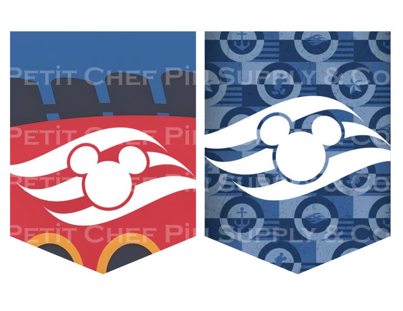 Op de afbeelding: Twee wimpelvormige banners met een nautisch thema. E&eacute;n banner is rood, wit en blauw met een Mickey Mouse-hoofdsilhouet. De andere banner is blauw met een patroon van ankers, sterren en cirkels, eveneens met het Mickey Mouse-hoofdsilhouet. De tekst "PETIT CHEF PIN SUPPLY & CO" is zichtbaar.