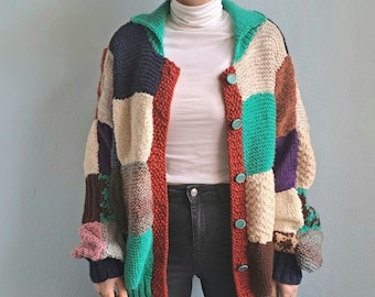 Handknit Harry Cardigan, Harry Sweater, Iconic Oversized Patchwork Cardigan with Buttons