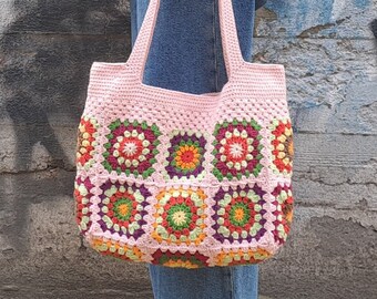 Granny Square Bag, Crochet Shoulder Bag, Crochet Handbag, Tote Bag, Crochet Shoulder Bag, Boho Bag, Retro Bag, Hippie Bag, Pink Crochet Bag