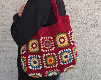 Afghan Bag, Granny Square Bag, Crochet Purse, Crochet Tote Bag, Tote Bag, Granny Square Crochet Bag, Boho Bag, Shoulder Bag, Crimson Red Bag