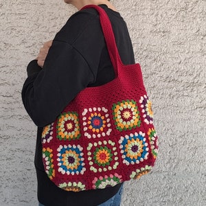 Afghan Bag, Granny Square Bag, Crochet Purse, Crochet Tote Bag, Tote Bag, Granny Square Crochet Bag, Boho Bag, Shoulder Bag, Crimson Red Bag image 1