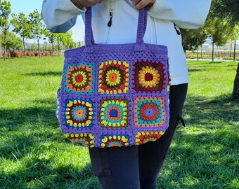 Granny Square Bag,Crochet Shoulder Bag, Tote Bag,Crochet Shoulder Bag,Vintage Style Bag,Purple Crochet Bag, Boho Retro Bag,Shabby Chic Bag