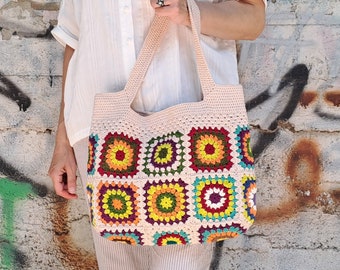 Granny Square Bag, Crochet Tote Bag, Crochet Shoulder Bag, Boho Bag, Retro Bag, Hippie Bag, Beige Crochet Bag