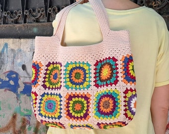 Granny Square Shoulder Bag, Crochet Handbag, Tote Bag, Crochet Shoulder Bag, Boho Bag, Retro Bag, Hippie Bag, Cream Beige Crochet Bag