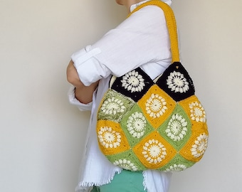 Bolso tote de ganchillo hecho a mano con diseño de cuadrado de abuela, estilo boho.