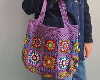 Granny Square Crochet Bag, Granny Square Crochet Purse, Crochet Tote Bag, Hippie Bag, Gifts for Her, Boho Bag,Purple Bag,Boho Purse