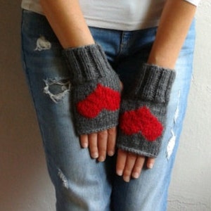 Fingerless Gloves with Hearts, Gray Gloves, Heart Gloves Valentine's Gift image 1