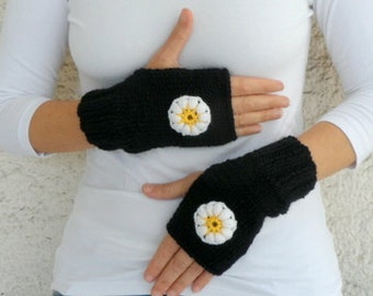 Knit Black Fingerless Gloves with Crochet Daisy Flowers, Gift under 25