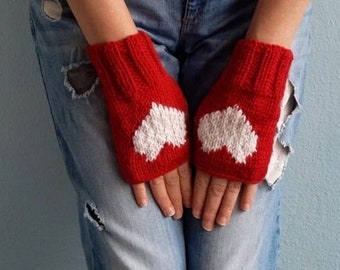 Gloves with  Cream Hearts, Heart Gloves, Red Fingerless Gloves, Wrist Warmer, Red Valentine's Gloves, Hand Knit Gloves