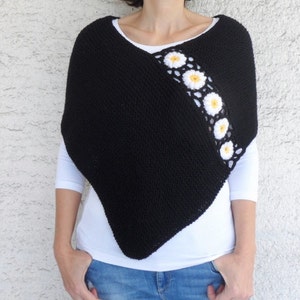 Hand Knitted Black Poncho with Daisy Flowers image 1
