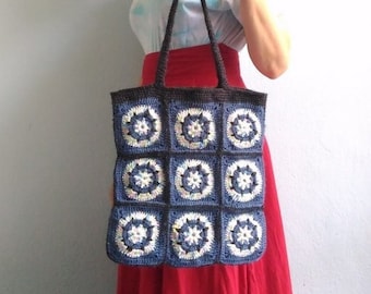 Crochet Granny Square Tote Bag, Dark Blue Handmade Shoulder Bag