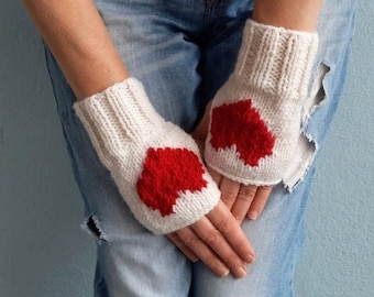 Fingerless Gloves with  Red Hearts, Cream Valentines Gloves, Heart Gloves, Valentine's Gift