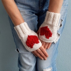 Fingerless Gloves with  Red Hearts, Cream Valentines Gloves, Heart Gloves, Valentine&#39;s Gift