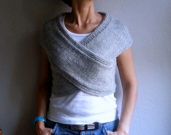 Knit Gray Vest Cross Sweater Scarf Neckwarmer Wrap Hood Capelet Top Gray Sweater, Winter Accessories