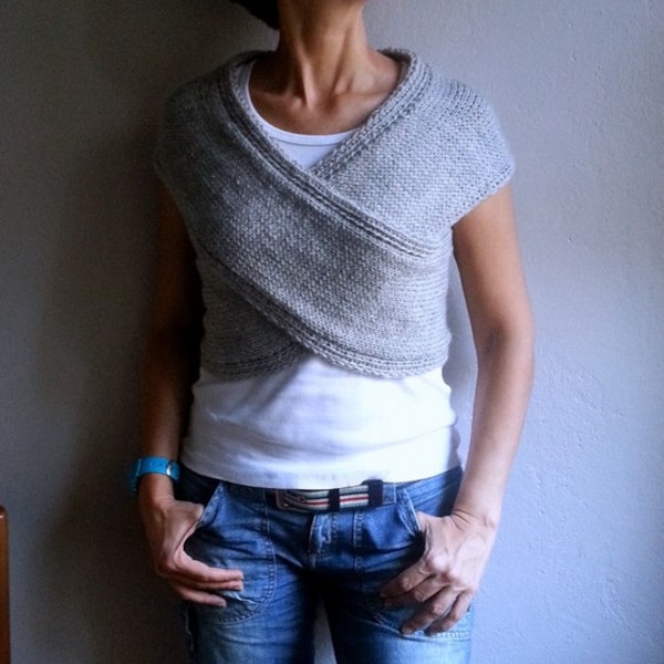 Hand Knit Gray Cross Sweater Vest, Neckwarmer Scarf Wrap