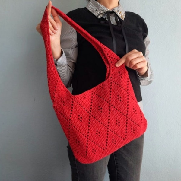 Hobo Bag, Roomy Bag, Diamond Pattern Bag, Crochet Red Bag, Tote Bag, Reusable Shopping Bag, Diamond Design Bag, Shoulder Bag
