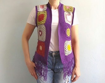 Ręcznie robiona na szydełku kwadratowa kamizelka babci, kamizelka boho hippie z frędzlami