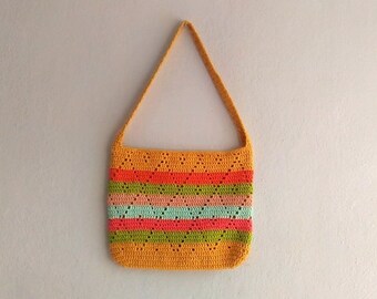 Multicolour Striped bag, Diamond Pattern Crochet Bag, Festival Bag, Tote Bag, Everyday Casual Bag, Summer Bag, Shoulder Bag