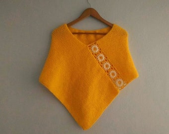Hand Knitted Mustard Yellow Poncho with Crochet Daisy Flowers