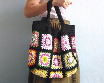 Colorful Hand Crochet Granny Square Handbag, Boho Chic Black Bag