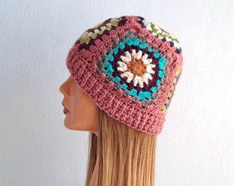 Crocheted Granny Square Cap, Granny Beanie, Boho Crochet Hat, Vintage Colorful Beret