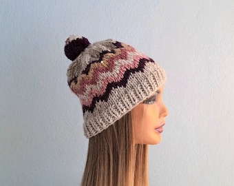 Chunky Knit Hat, Womens Hat, Winter Hat, Knit Beanie, Knit Cap, Slouchy Beanie, Pom Pom Beret, Knit Hat Chevron