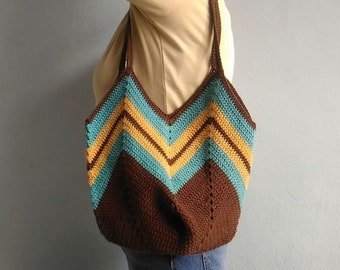 Crochet Chevron Bag, Brown Purse, Crochet Handbag, Shoulder Bag, Tote Bag, Stripes Bag, Market Bag, Beach Bag, Reusable Bag, Boho Bag