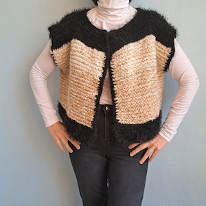 Handknit Women Vest, Cropped Vest, Black Vest Crop, Faux Fur Mohair Sequined  Black  Beige Vest