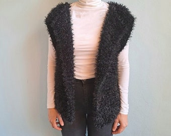 Handknit Fur Vest, Faux Fur Black Vest