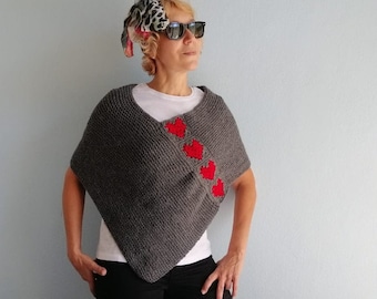 Gray Poncho with Granny Red Heart Squares, Heart Poncho, Love Heart Valentine's Day Poncho, Women Cape, Knit Wrap, Women Poncho