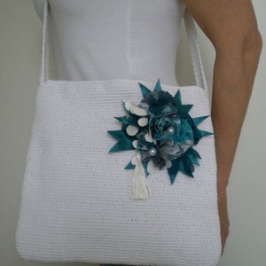 Crochet Messenger Bag with Teal Green Brooch image 2