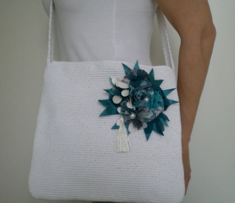 Crochet Messenger Bag with Teal Green Brooch image 2