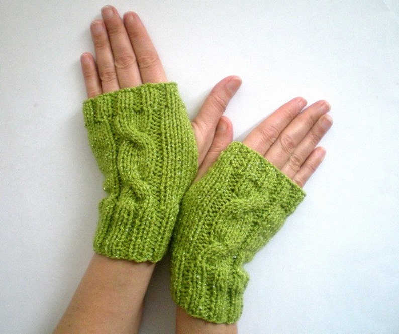 Sparkling Green Fingerless Gloves, Knit Mittens, Green Gloves image 2