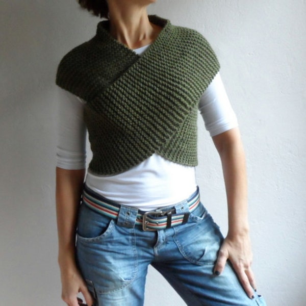 Knit Army Green Vest Cross Sweater Scarf Cowl Hood Wrap Capelet Neckwarmer Top Gift for Women Gift for her Winter Fashion