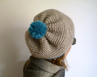 Hand Knitted Slouchy Beret, Beige Teal Pom Pom Hat