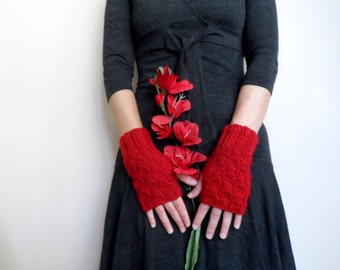Red Knit Fingerless Gloves, Acrylic Wool Wrist Warmers