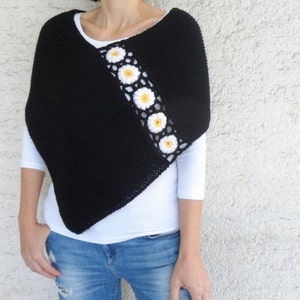 Hand Knitted Black Poncho with Daisy Flowers image 2