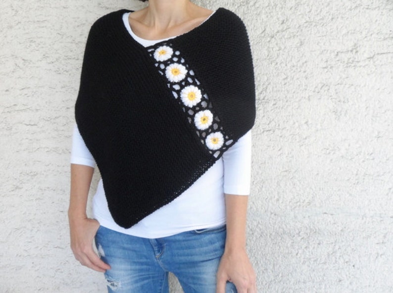 Hand Knitted Black Poncho with Daisy Flowers image 2