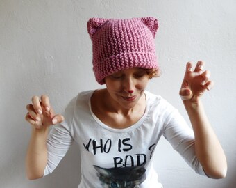 Knit Cat Ear Hat, Cat Ear Beanie, Pink Cat Hat, Cat Beanie