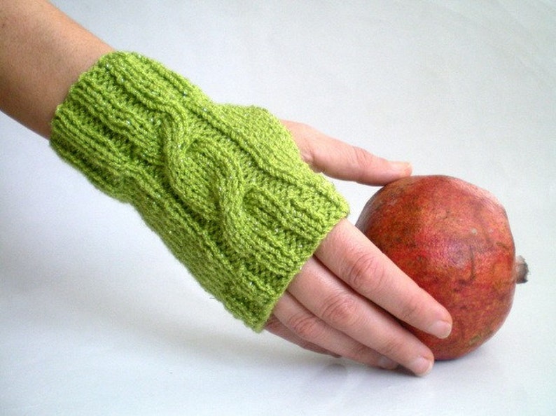 Sparkling Green Fingerless Gloves, Knit Mittens, Green Gloves image 1