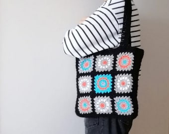 Crochet Bag Afghan, Granny Square Bag, Black Bag, Shoulder Bag, Hobo Bag, Boho Bag, Crochet Purse, Retro Bag, Hippie Bag, Vintage Style Bag