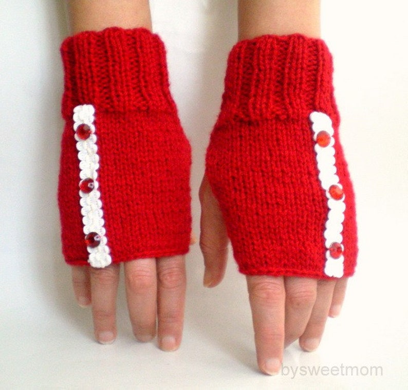 Red Fingerless Gloves Mittens image 5