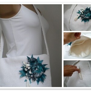 Crochet Messenger Bag with Teal Green Brooch image 5