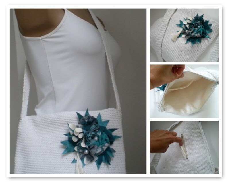 Crochet Messenger Bag with Teal Green Brooch image 5