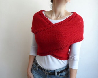 Knit Red Vest Cross Sweater Scarf Neckwarmer Wrap Capelet Hood